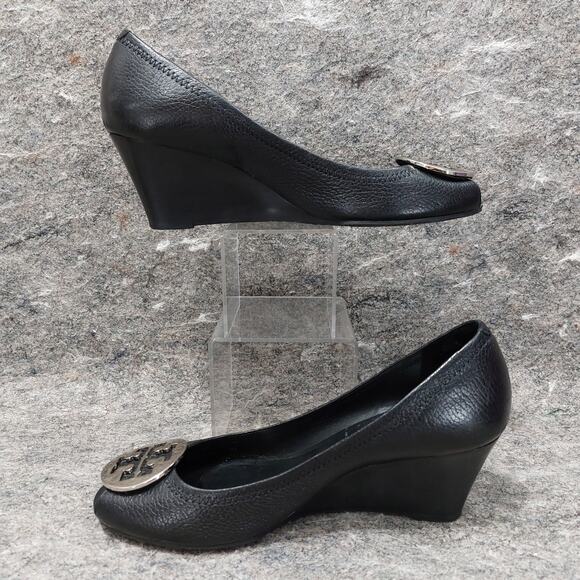 Tory Burch Selma Open Toe Wedge Women's Size 9.5 Black Leather Slip-On Designer - Picture 2 of 9
